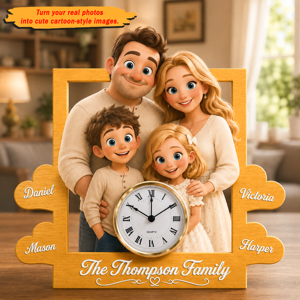 Custom Cartoon Portrait Table Clock – Personalized Photo to Illustration Gift