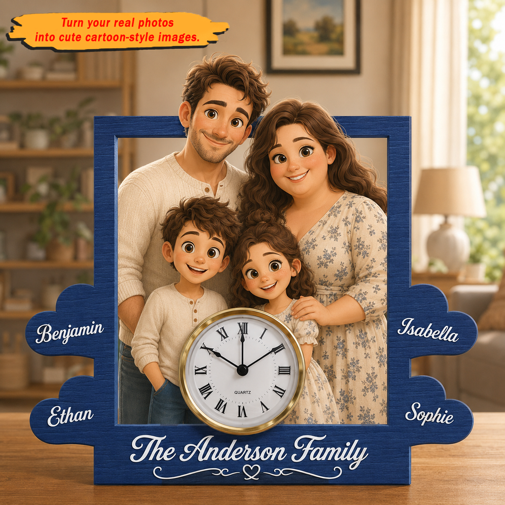 Custom Cartoon Portrait Table Clock – Personalized Photo to Illustration Gift