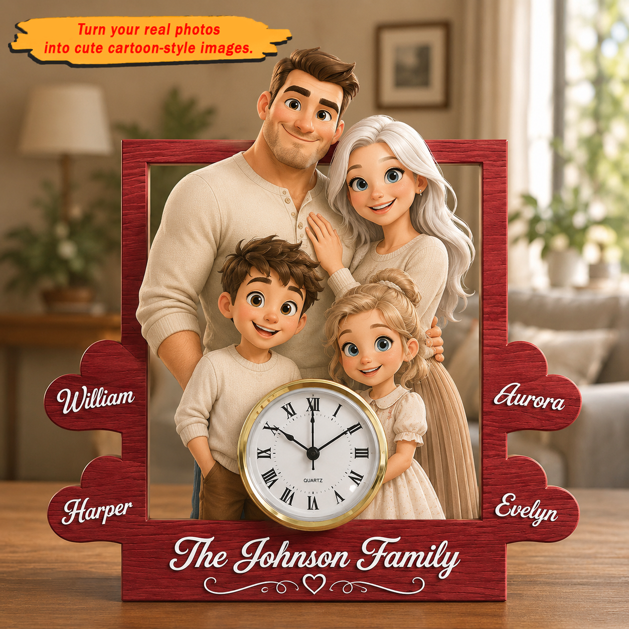 Custom Cartoon Portrait Table Clock – Personalized Photo to Illustration Gift