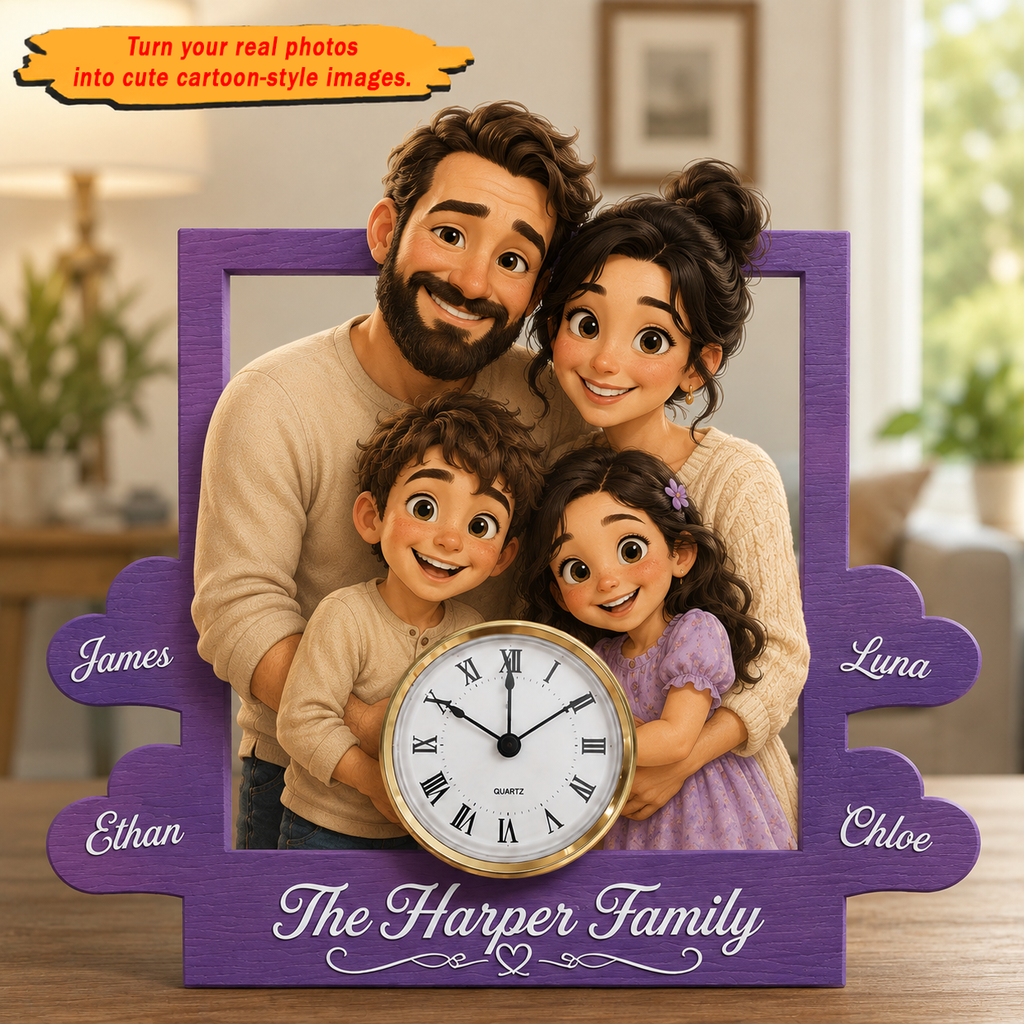Custom Cartoon Portrait Table Clock – Personalized Photo to Illustration Gift