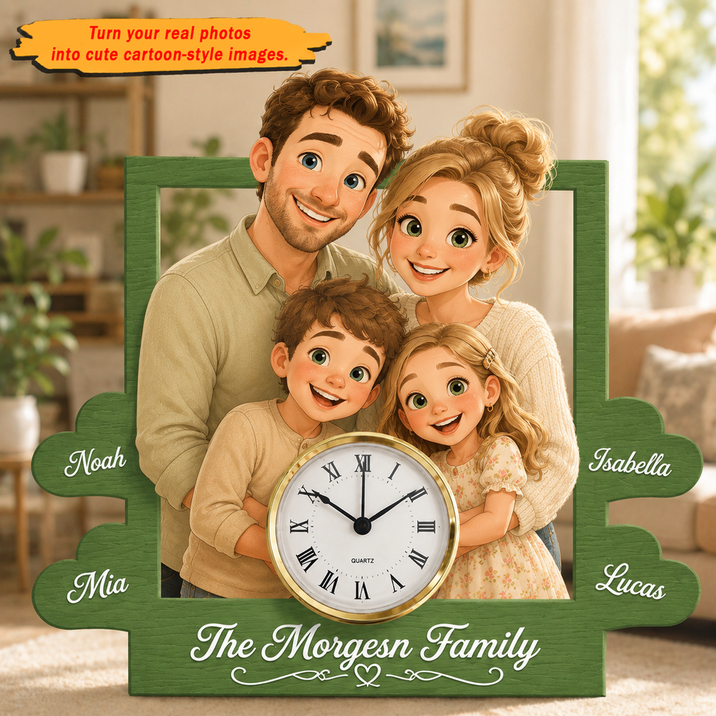 Custom Cartoon Portrait Table Clock – Personalized Photo to Illustration Gift