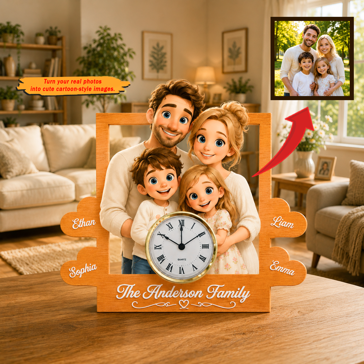 Custom Cartoon Portrait Table Clock – Personalized Photo to Illustration Gift