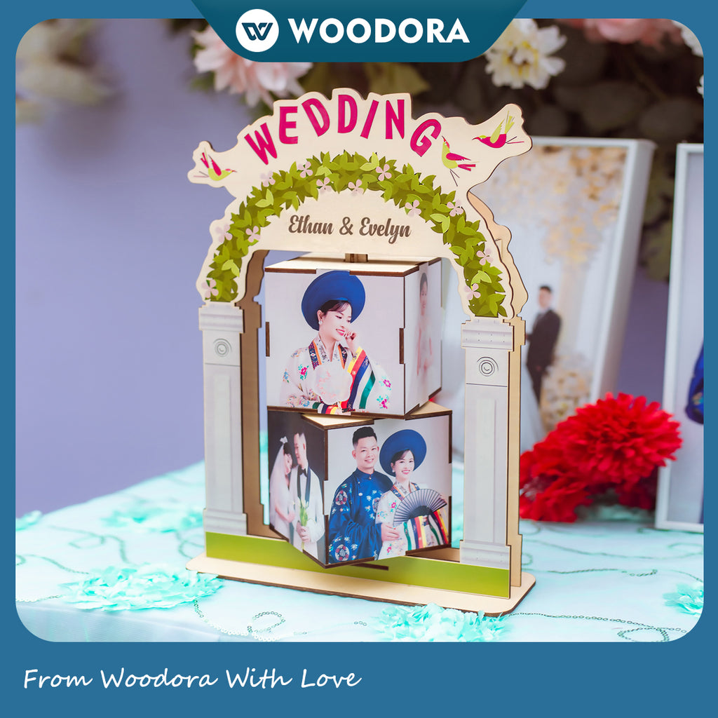 Personalized 360° Rotating Photo Cube Stand - Custom Wood Keepsake