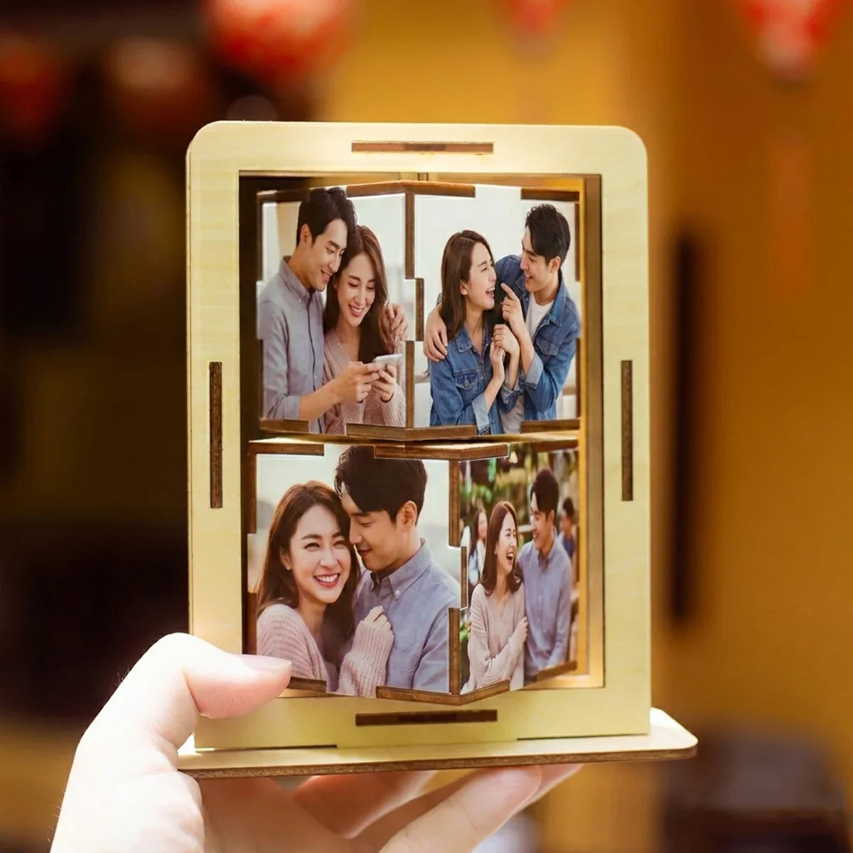 Personalized 360° Rotating Photo Cube Stand - Custom Wood Keepsake