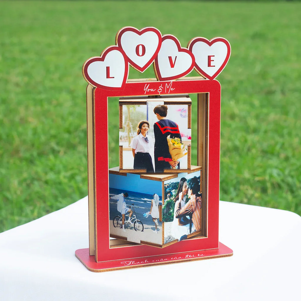 Personalized 360° Rotating Photo Cube Stand - Custom Wood Keepsake