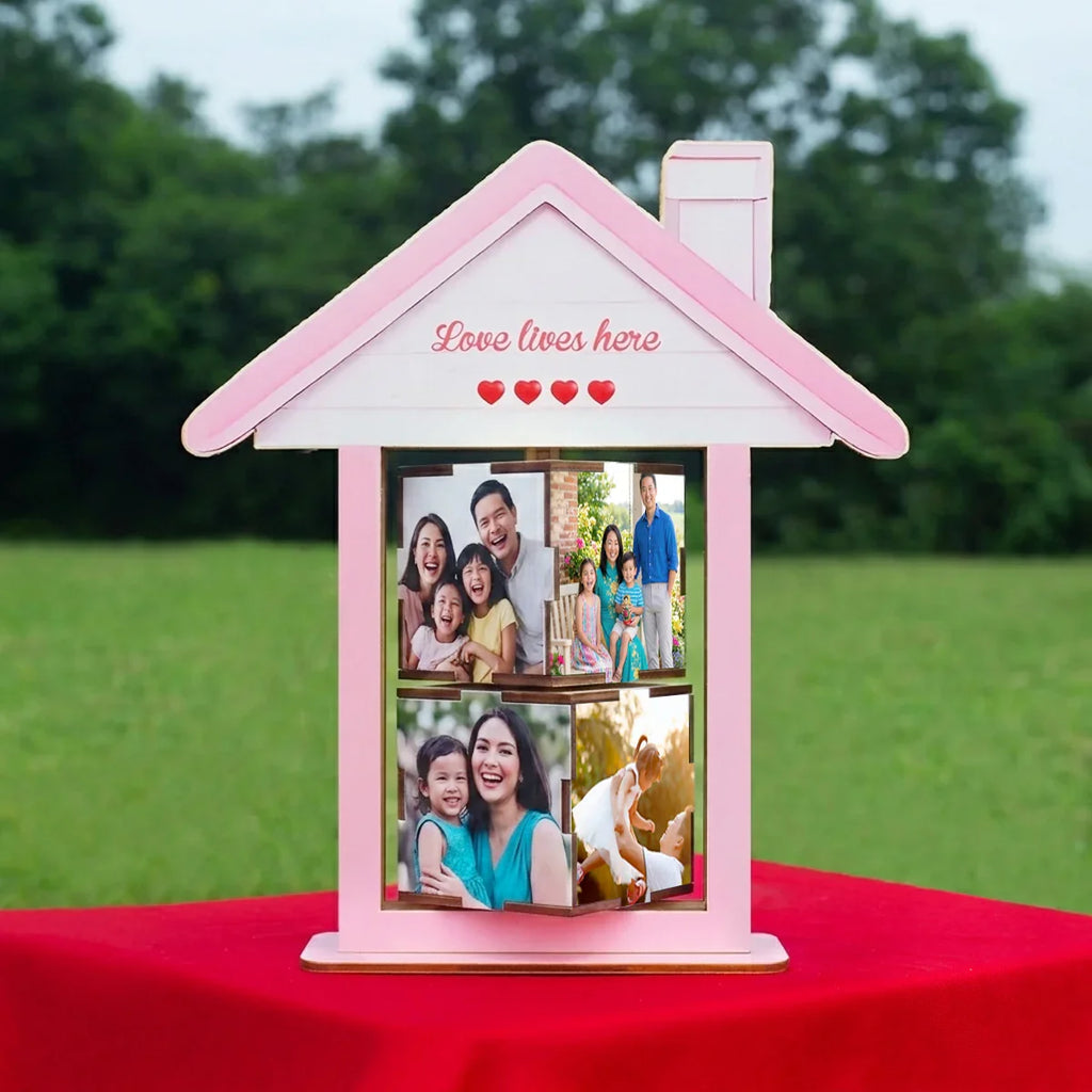 Personalized 360° Rotating Photo Cube Stand - Custom Wood Keepsake