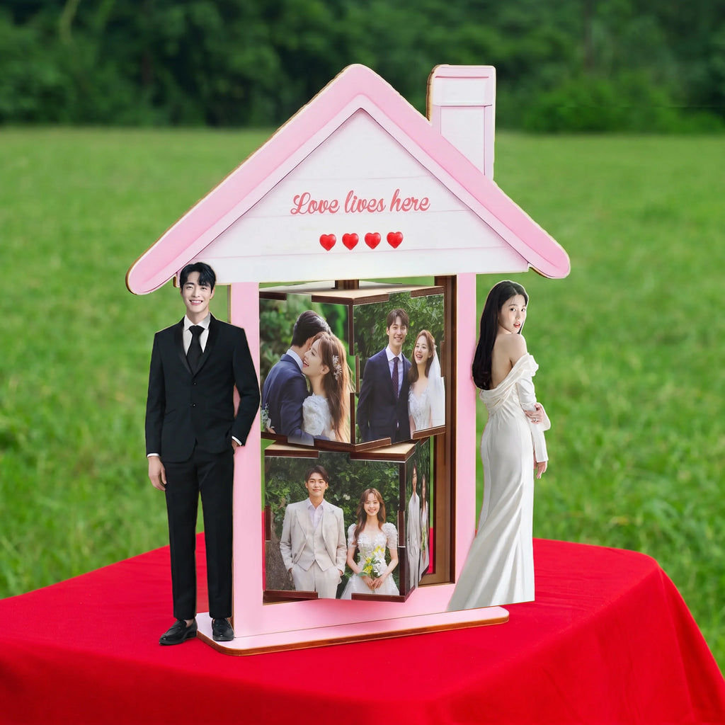 Personalized 360° Rotating Photo Cube Stand - Custom Wood Keepsake