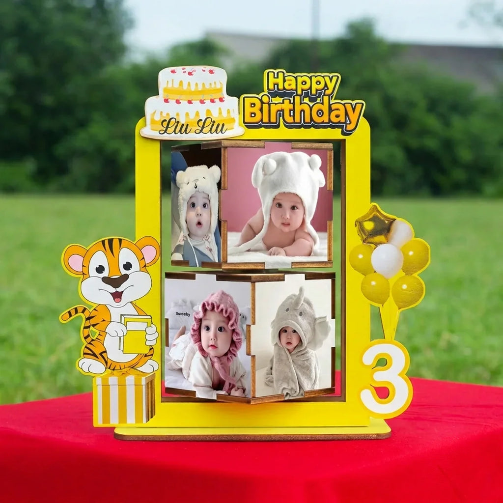 Personalized 360° Rotating Photo Cube Stand - Custom Wood Keepsake