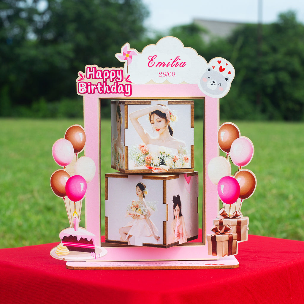 Personalized 360° Rotating Photo Cube Stand - Custom Wood Keepsake