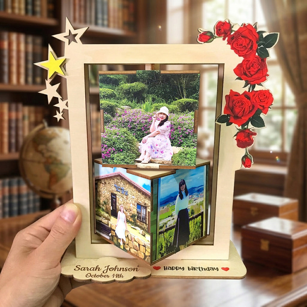 Personalized 360° Rotating Photo Cube Stand - Custom Wood Keepsake