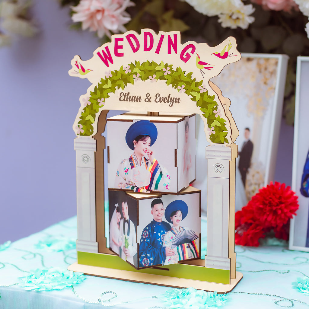 Personalized 360° Rotating Photo Cube Stand - Custom Wood Keepsake