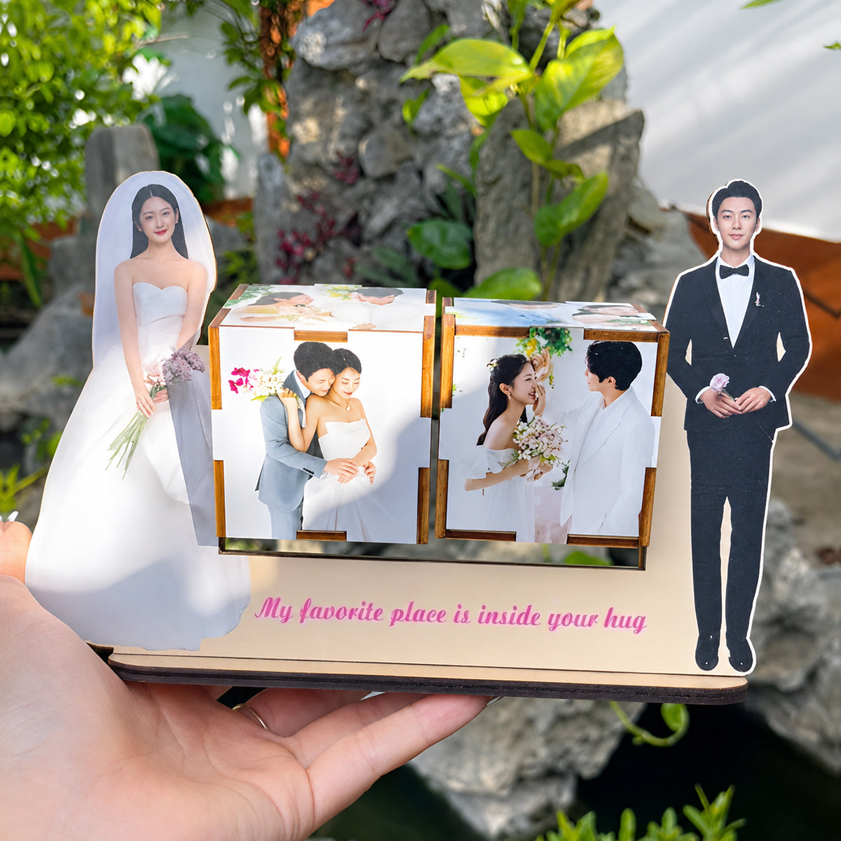 Personalized 360° Rotating Photo Cube Stand - Custom Wood Keepsake