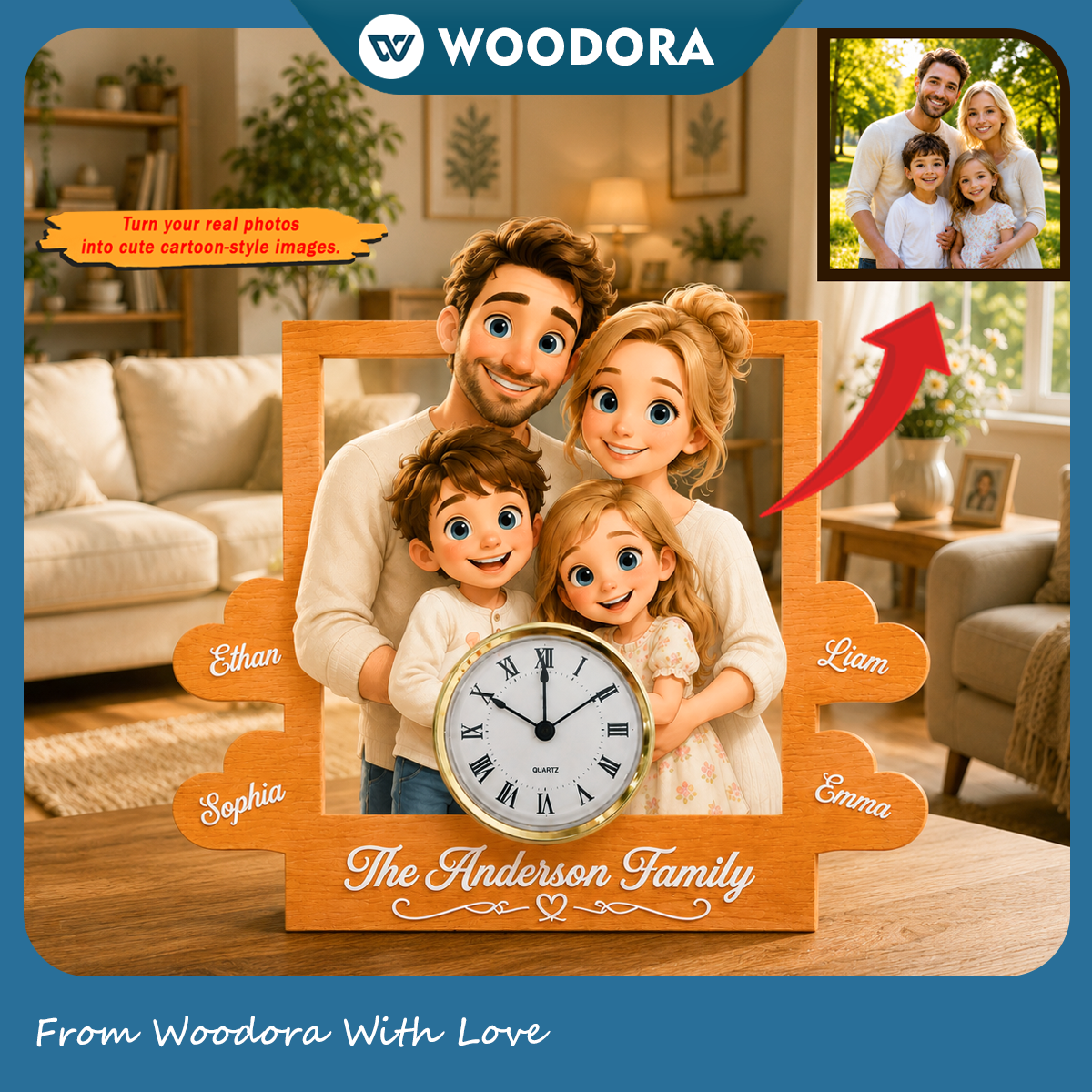 Custom Cartoon Portrait Table Clock – Personalized Photo to Illustration Gift