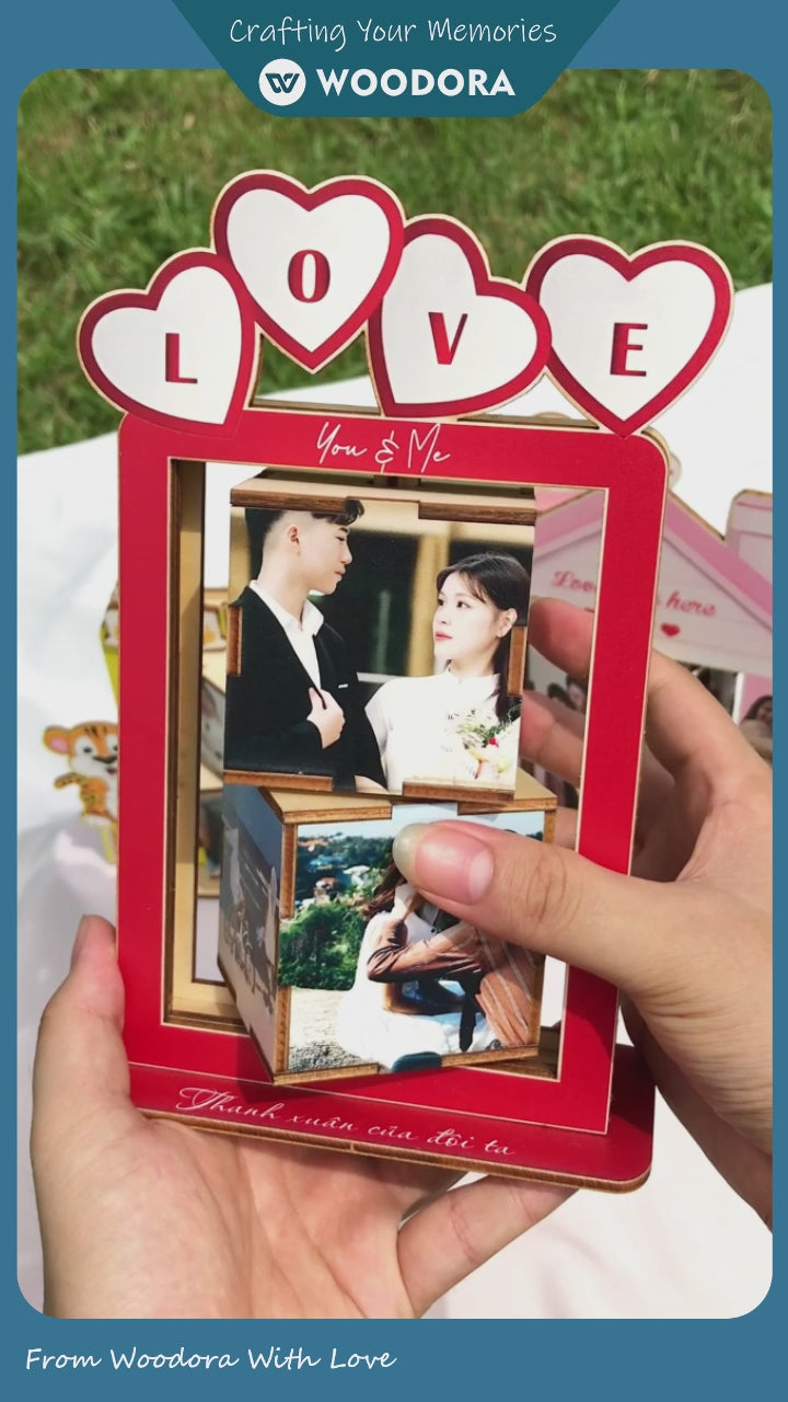 Personalized 360° Rotating Photo Cube Stand - Custom Wood Keepsake